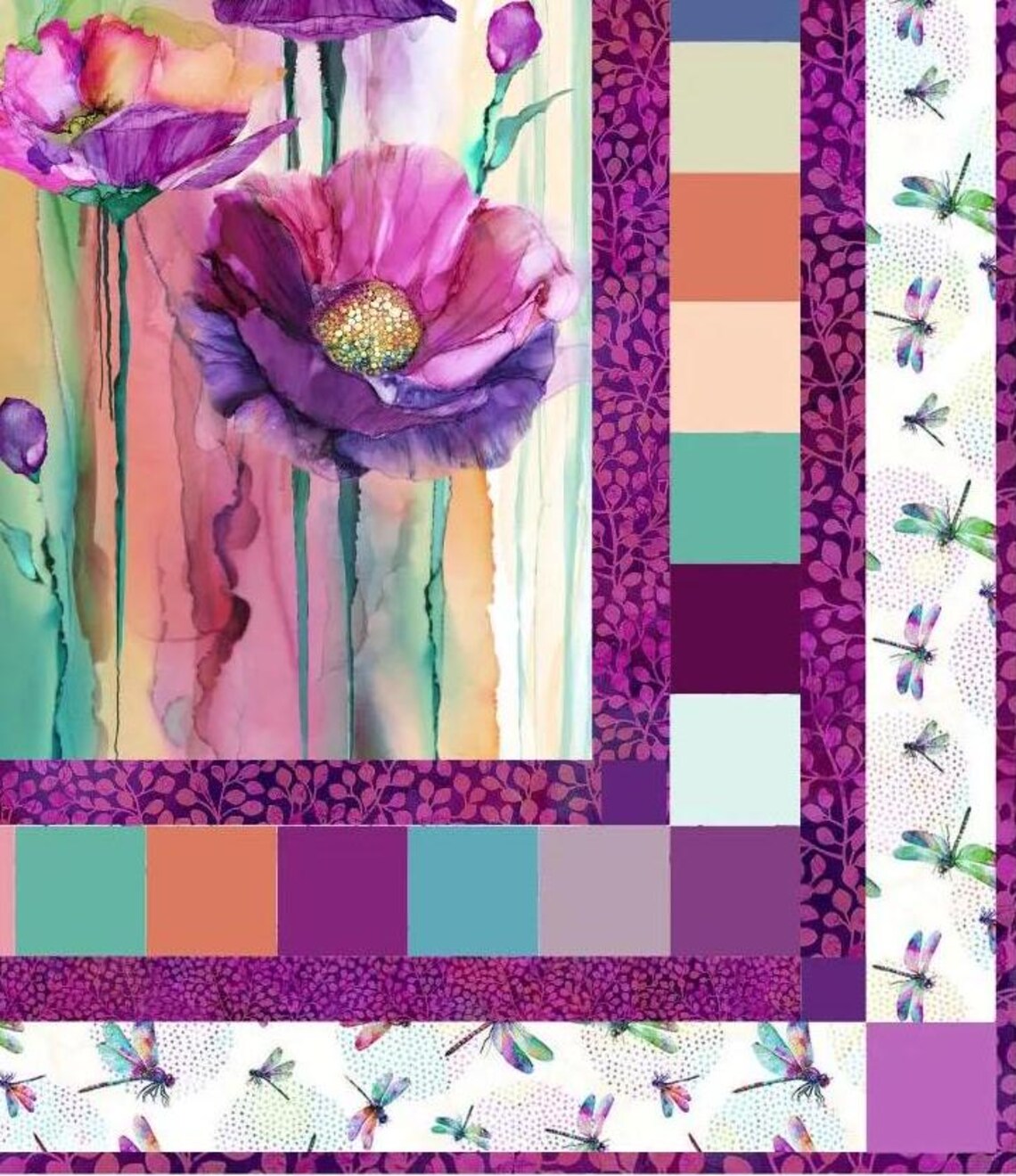 RARE Crazy Dragonfly Dance Quilt Kit 50"x68", Northcott Fabrics, Floral Gift Quilt Hanging Throw, Discontinued, Backing Available