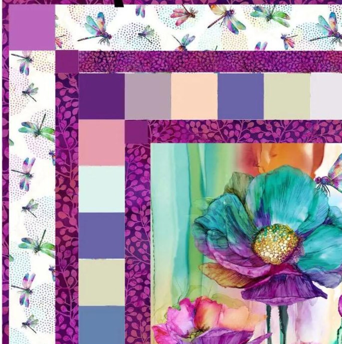 RARE Crazy Dragonfly Dance Quilt Kit 50"x68", Northcott Fabrics, Floral Gift Quilt Hanging Throw, Discontinued, Backing Available