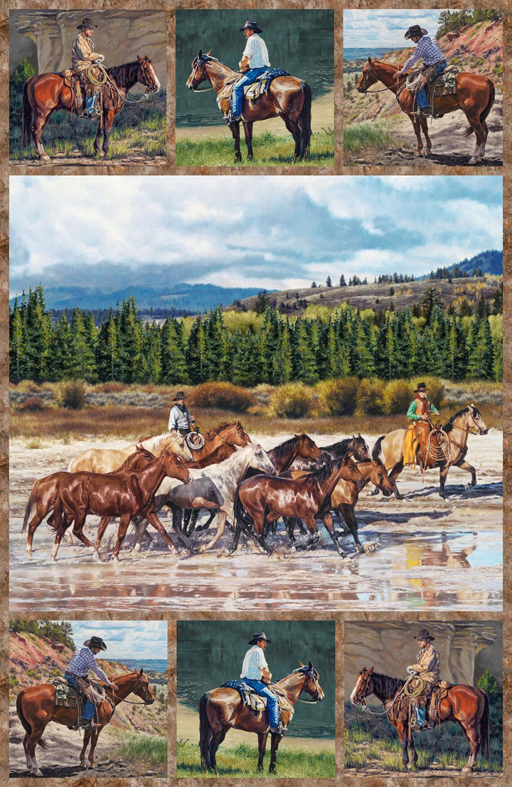 Quilt Kit 60"x72" Hidden Valley by Northcott, Horses Gift Bed Quilt Stream Horseshoes Home Decor Wild Horses Cowboys Wall Hanging