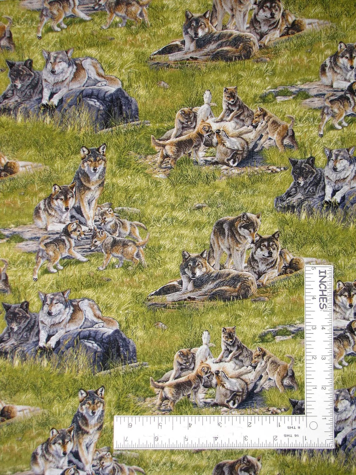 Wolves and Pups 1/2 yard, 5018GREEN by Elizabeth Studios, wolf scenic allover fabric, Wolf bed quilt toddler adult wall hanging