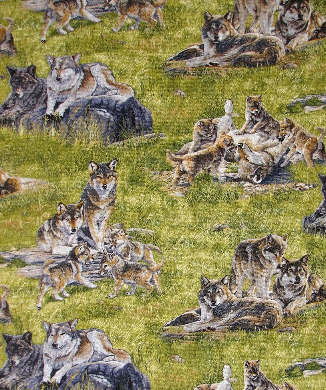 Wolves and Pups 1/2 yard, 5018GREEN by Elizabeth Studios, wolf scenic allover fabric, Wolf bed quilt toddler adult wall hanging