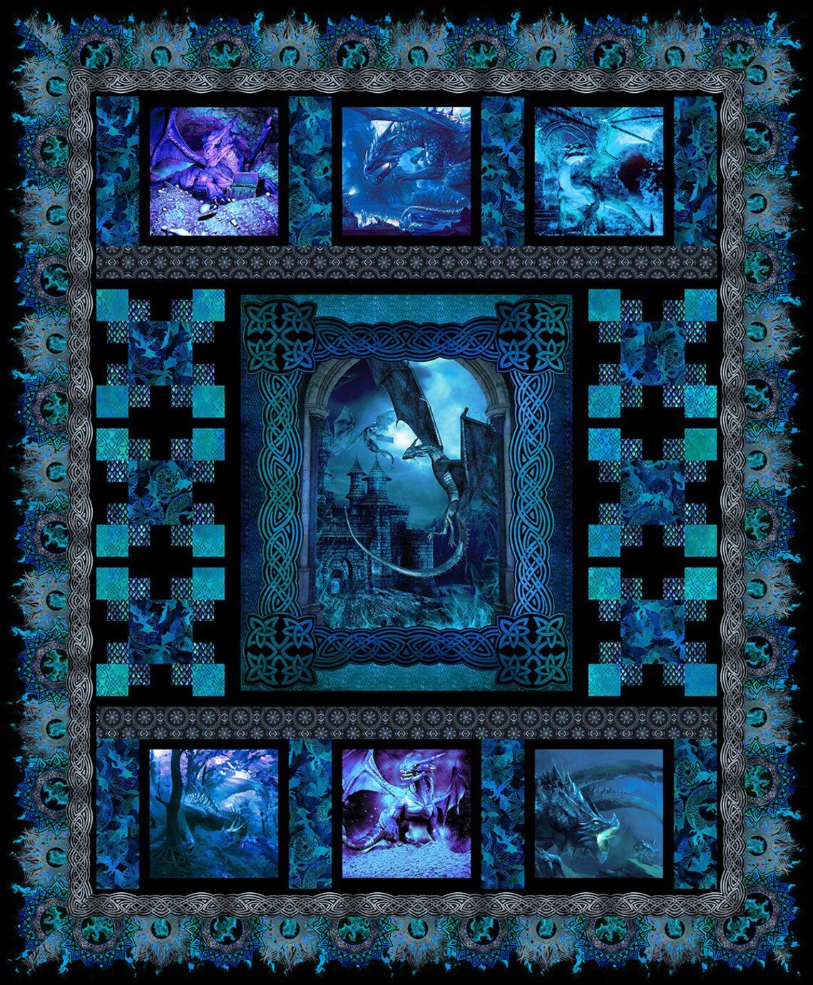 Dragons Blue Quilt Kit 76"x92", using In the Beginning Fabrics, Dragon Gift Bed Quilt Lap Twin Double Queen
