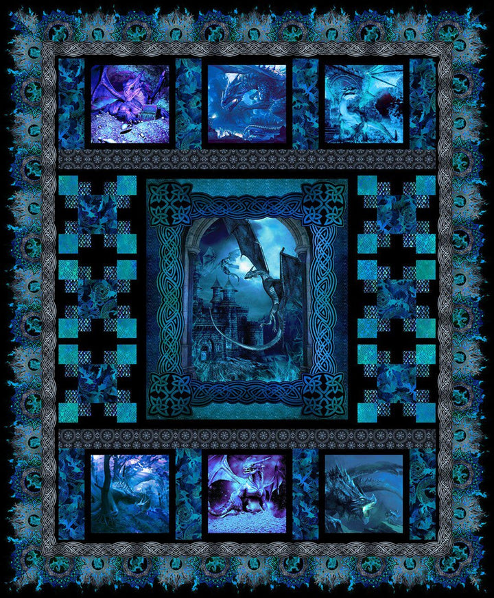 Dragons Blue Quilt Kit 76"x92", using In the Beginning Fabrics, Dragon Gift Bed Quilt Lap Twin Double Queen