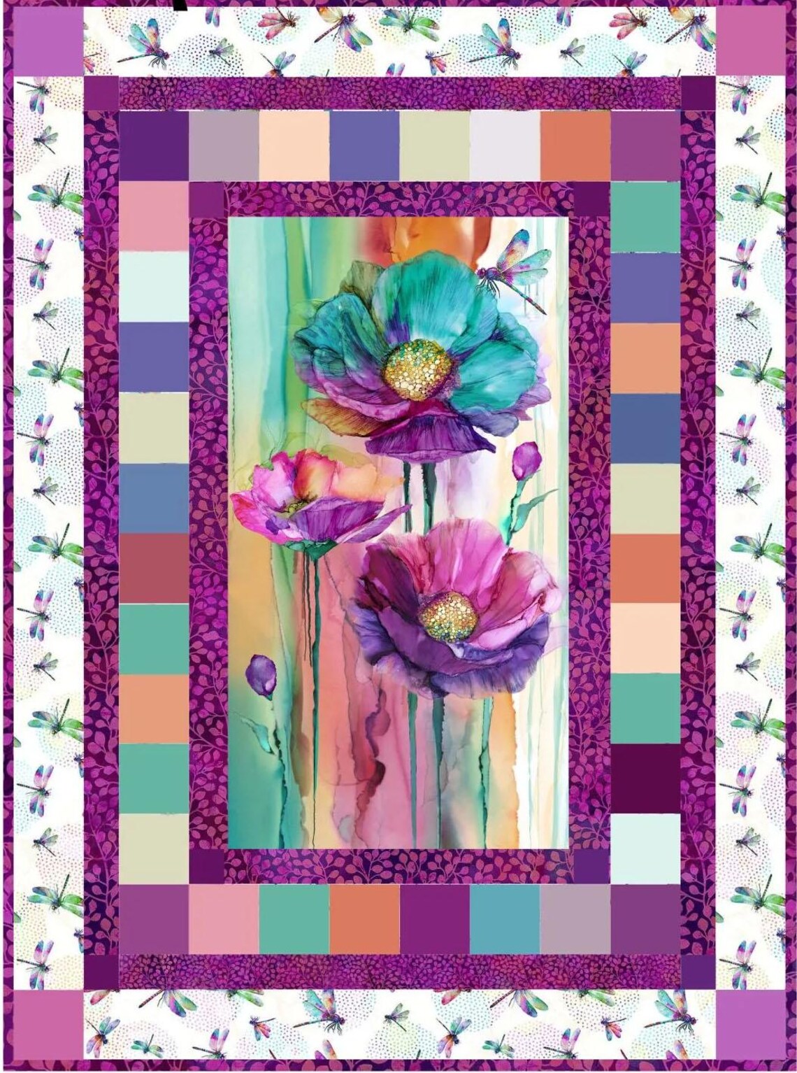 RARE Crazy Dragonfly Dance Quilt Kit 50"x68", Northcott Fabrics, Floral Gift Quilt Hanging Throw, Discontinued, Backing Available