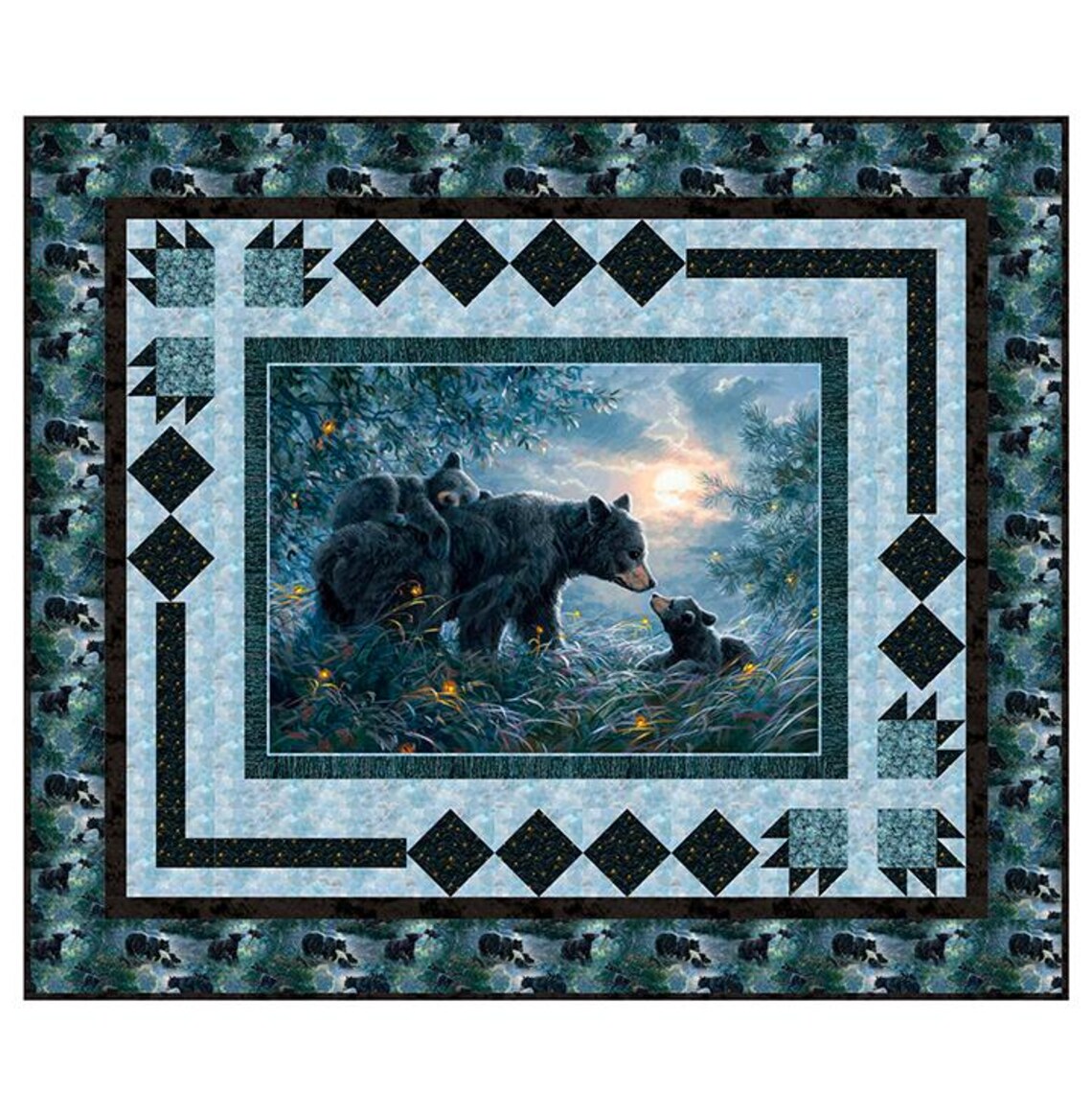 Quilt Kit 70”x59”, Bear Kisses fabrics by Northcott Bed Quilt Wildlife Bear Bed Quilt Queen Twin leaves clouds bark