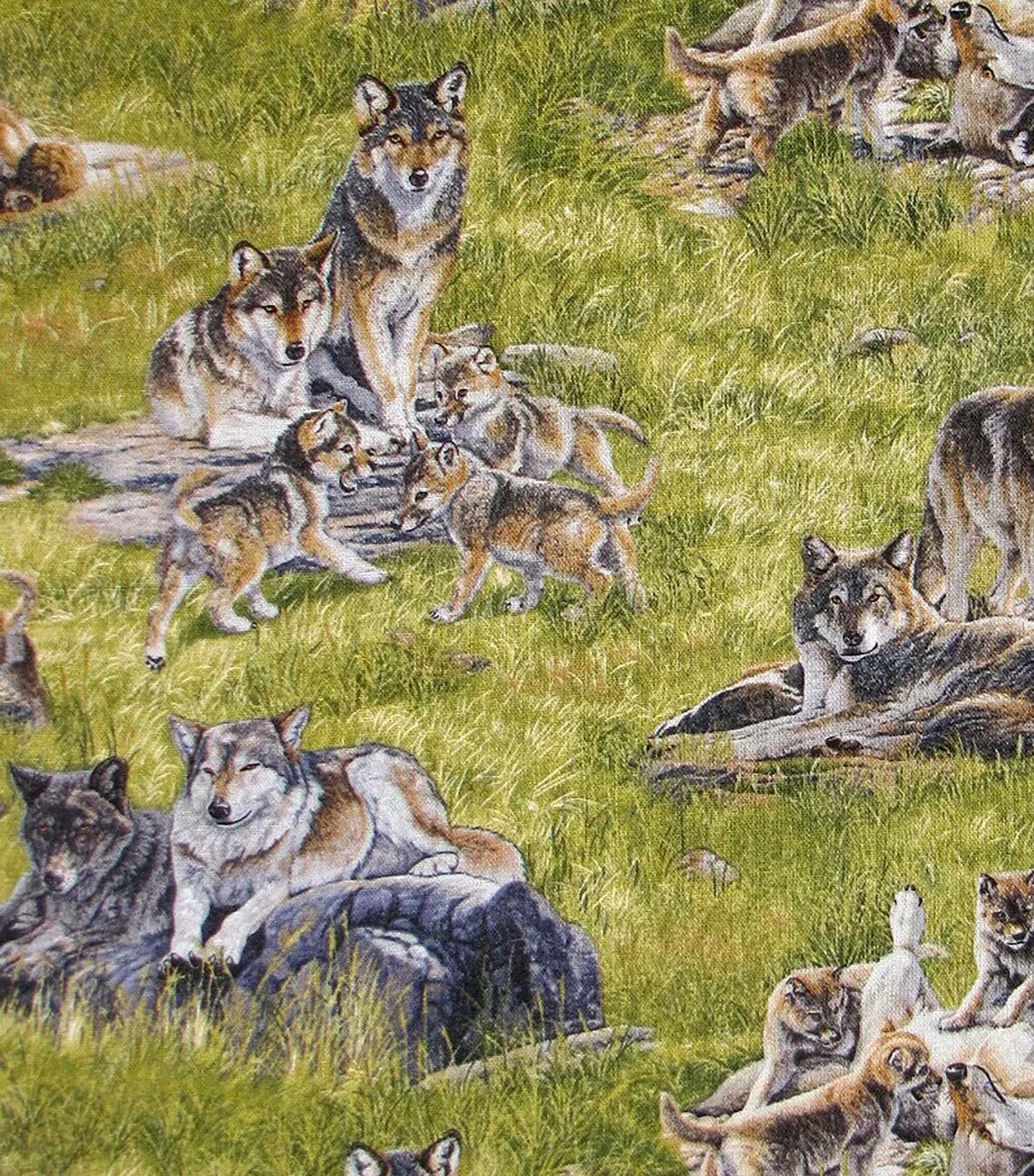 Wolves and Pups 1/2 yard, 5018GREEN by Elizabeth Studios, wolf scenic allover fabric, Wolf bed quilt toddler adult wall hanging