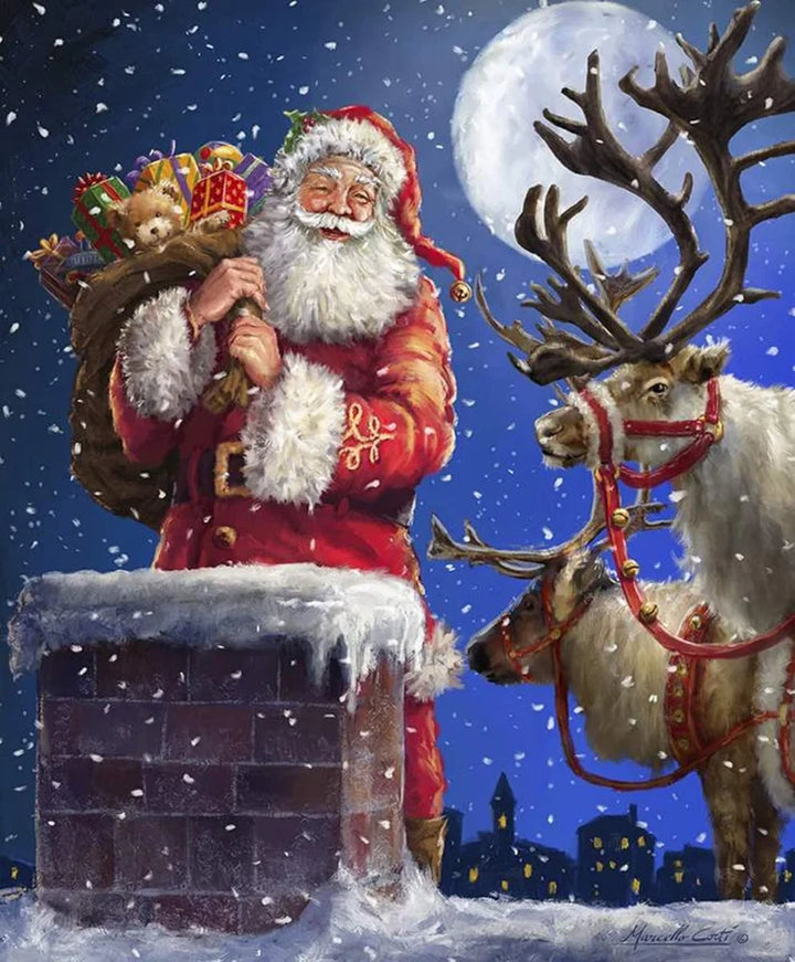 Christmas Is Here Fabric Panel 36"x44", Santa on Rooftop fabric, Reindeer fabric