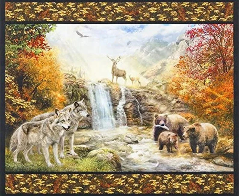 Wolf and Bear Fabric Panel 42"x35", Picture This Collection by Robert Kaufman, Wolves Waterfall Bears River Stream Forest Bald Eagle