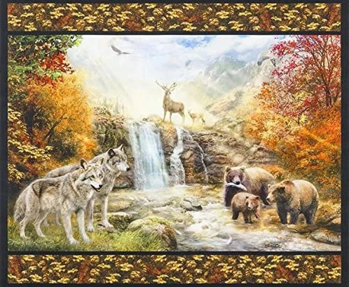 Wolf and Bear Fabric Panel 42"x35", Picture This Collection by Robert Kaufman, Wolves Waterfall Bears River Stream Forest Bald Eagle