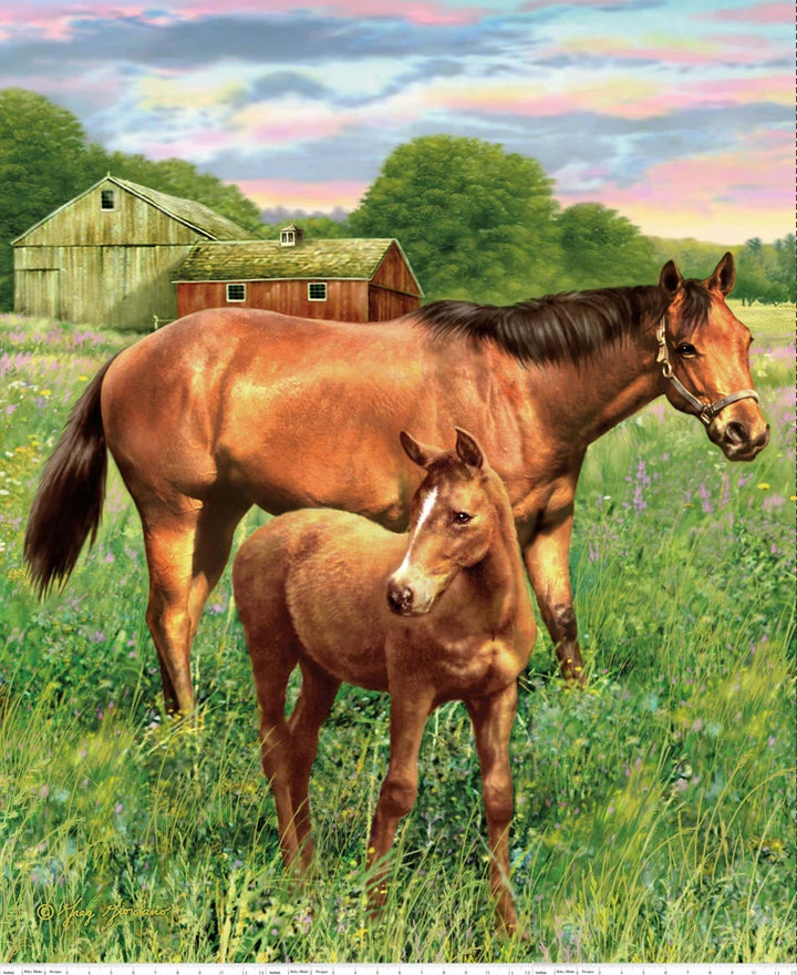 Mare and Foal Fabric Panel 36"x44", PD7010 Hold Your Horses Fabric Collection by Penny Rose Fabrics
