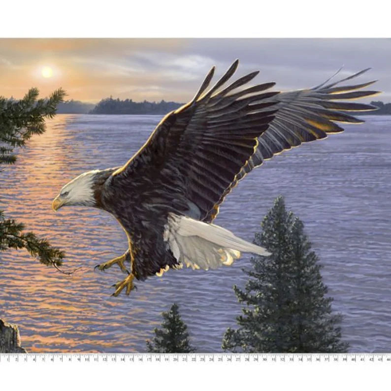 Eagle Fabric Panel 36"x43", Shining Sea Panel by David Textiles, Eagle Quilt, Eagle Wall Hanging, Eagle Flying over Lake Fabric Panel
