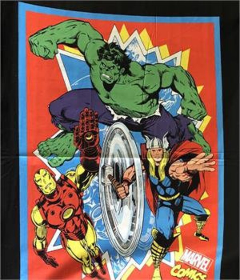 Avengers Marvel Fabric Panel 36"x43", RARE discontinued Superheroes fabric, Hulk Ironman Thor