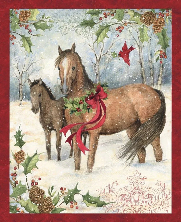 Christmas Horse Panel 36"x43", Horses with Christmas Wreath and Ribbons, CP64468 by Susan Winget