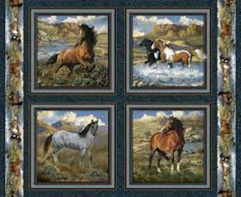 Horse Pillow Panel 36"x43", CP62550 Rhapsody West Fabric Panel, 4 separate Horse pictures