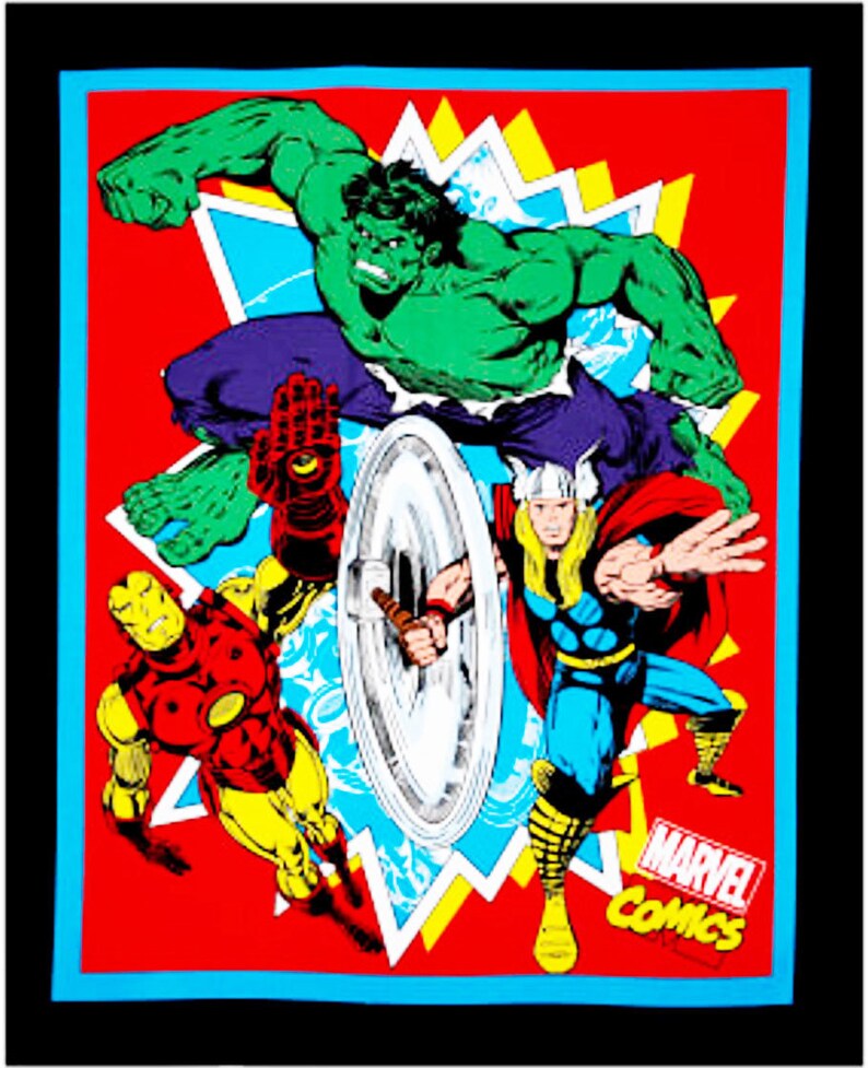 Avengers Marvel Fabric Panel 36"x43", RARE discontinued Superheroes fabric, Hulk Ironman Thor