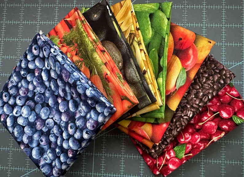 Food Fabric, Sold by Fat Quarters Pack or Individually, Elizabeth Studios Food Fabric, Fruit Quilt