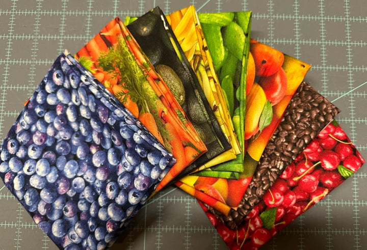 Food Fabric, Sold by Fat Quarters Pack or Individually, Elizabeth Studios Food Fabric, Fruit Quilt