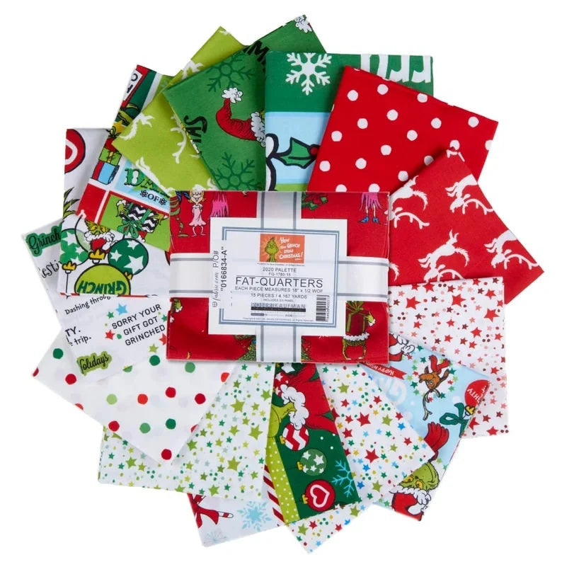 Fat Quarters Bundle 15pcs, How the Grinch Stole Christmas, Fabric Panel included, Cotton Quilting Fabric Bundle, 1780-15