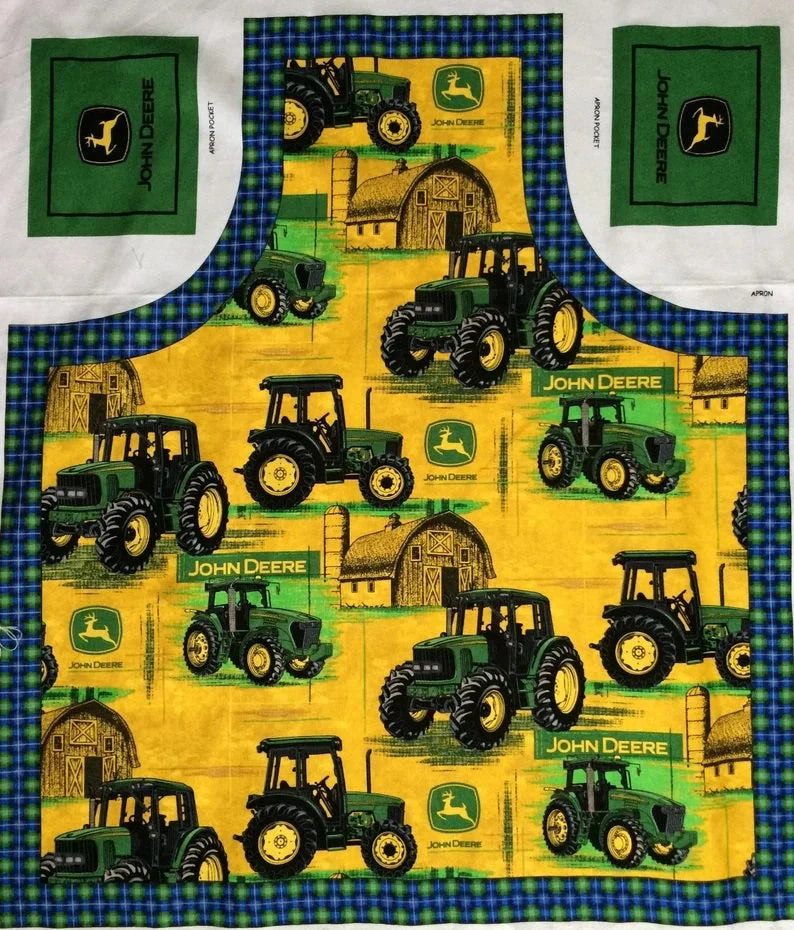 John Deere Apron Panel, Cotton Canvas Twill 36" x 44", Guy gift apron, Tractor Bar-B-Q Barbecue Yellow Green Blue Pockets