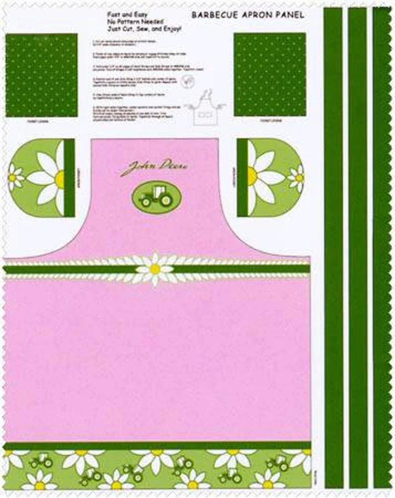 Pink John Deere Apron Fabric Panel 36"x44", Pink Floral Tractor Barbeque Apron, Easy Fast Sewing