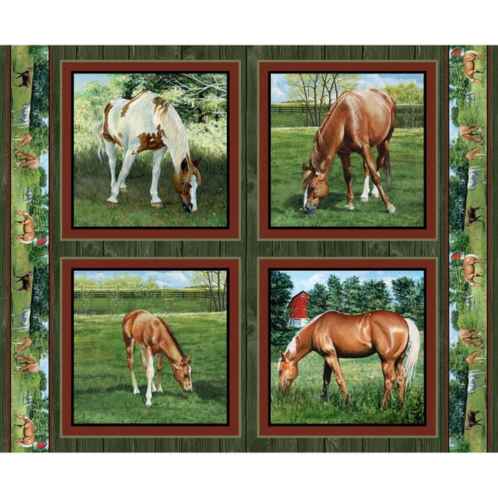 Valley Crest Horse Pillow Panel 36"x44", 4 Horse Pictures on a Panel by Springs