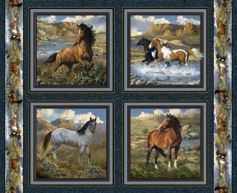 Horse Pillow Panel 36"x43", CP62550 Rhapsody West Fabric Panel, 4 separate Horse pictures