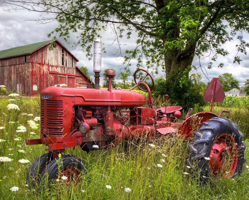 RARE Farmall H Tractor and Old Barn Panel 36"x44", by David Textiles, Farmyard Farmall H Tractor Old Barn Bed Gift Quilt Wall Hanging