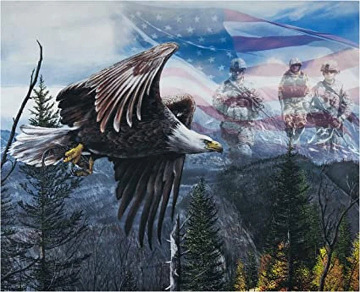 Free Like an Eagle Fabric Panel 35"x44", BW-0033-7C licensed by David Textiles, Eagle Flying with American Flag background