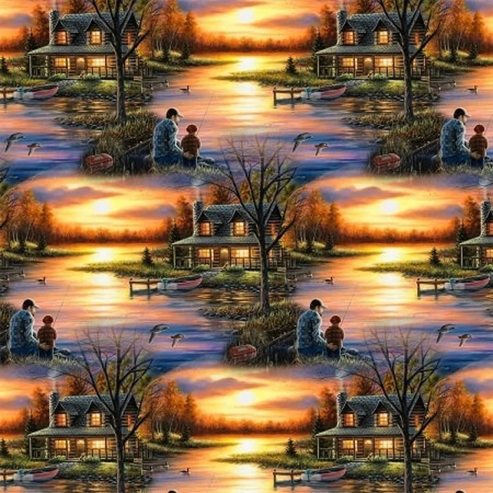 Fishing Lessons Sold by the Half Yard, Multi DIGITALLY PRINTED by David Textiles, Fishing Lake Grandpa Fish