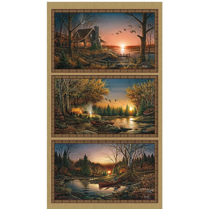Seasons Fall Fabric Panel 23"x44", Cabin in the Woods, Deer Canoe Stream River Tent Camping, 12328-99 Benartex