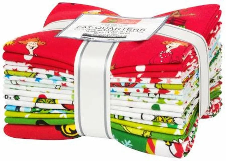 Fat Quarters Bundle 15pcs, How the Grinch Stole Christmas, Fabric Panel included, Cotton Quilting Fabric Bundle, 1780-15