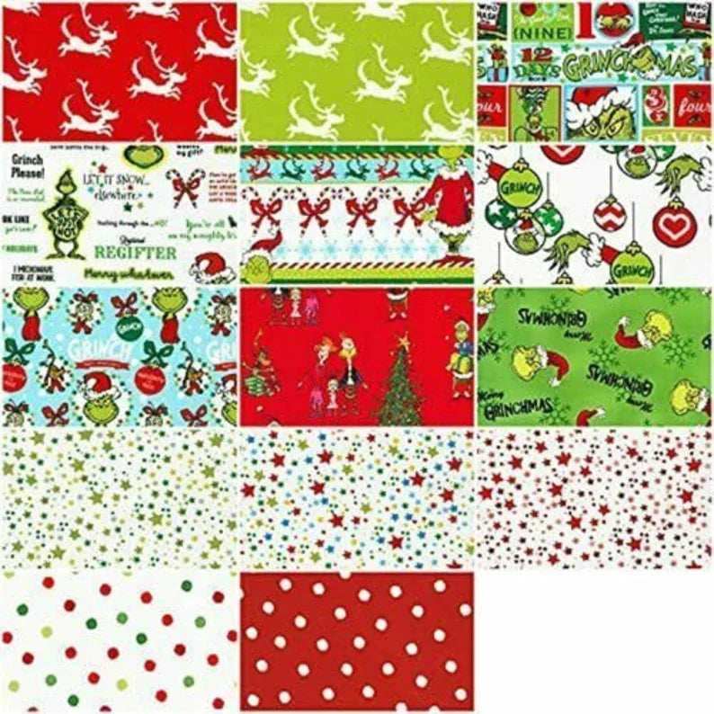 Fat Quarters Bundle 15pcs, How the Grinch Stole Christmas, Fabric Panel included, Cotton Quilting Fabric Bundle, 1780-15