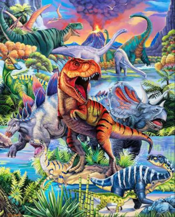 Roaring Dinosaur Fabric Panel 35" x44", Dinosaur Gathering, Dinosaur Cotton Fabric by David Textiles, Dinosaur Bed Quilt Wall Hanging