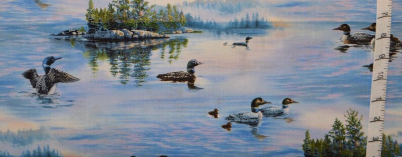 Loons on the Lake Scenic Sold by the Half Yard, Pattern # 8910 Blue, Elizabeth's Studio, 100% Cotton Woven Fabric