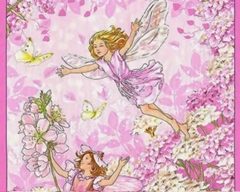 Pink Petal Flower Fairies Fabric Panel 23" x 43", DC5110 Michael Miller, Fairy Quilt Wall Hanging Girl Gift