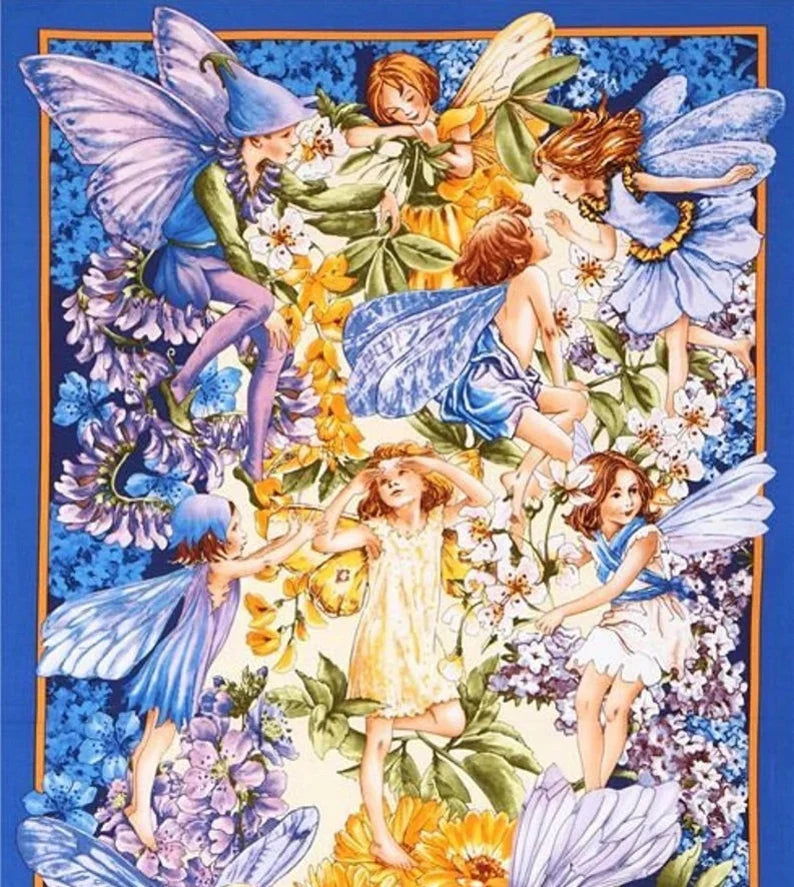 Dawn Till Dusk Flower Fairies Fabric Panel 23" x 43", Michael Miller, Fairy Quilt Wall Hanging Girl Gift