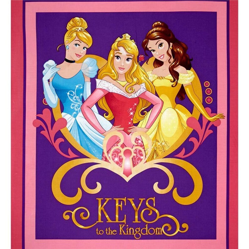 Princesses Fabric Panel 36"x44", Keys to the Kingdom, Princess Cinderella Aurora Belle Quilt Wall Hanging