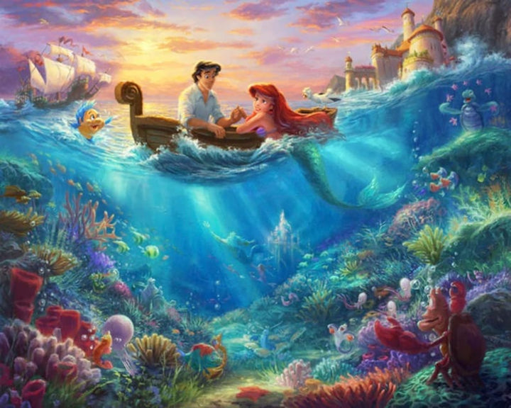 The Little Mermaid Fabric Panel 36"x44", Thomas Kinkade, Ocean Water Boat Fish Mermaid