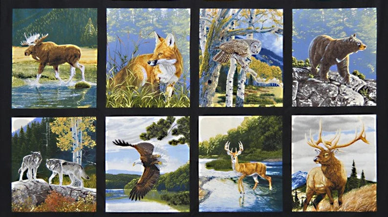 RARE Nature Fabric Panel 43"x23", Bringing Nature Home 15209 Robert Kaufman, Wildlife Quilt Owl Bear Whitetail Deer Elk Eagle Wolves Moose