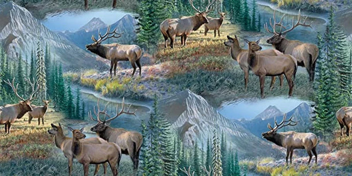 Elk Fabric 1/2 Yard, Mountain Sky Scenic 12348 by Springs, Elk Quilt Wall Hanging Table Runner Placemats