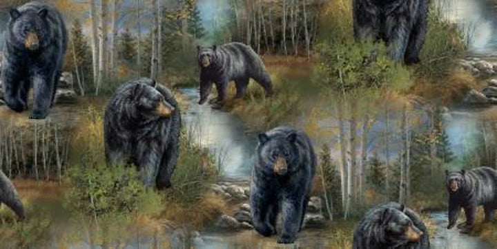 Black Bear Fabric 1/2 Yard, 14020 Reluctant Companion Scenic, Black Bear Quilt Wall Hanging Forest Rocks Trees Water Lake River