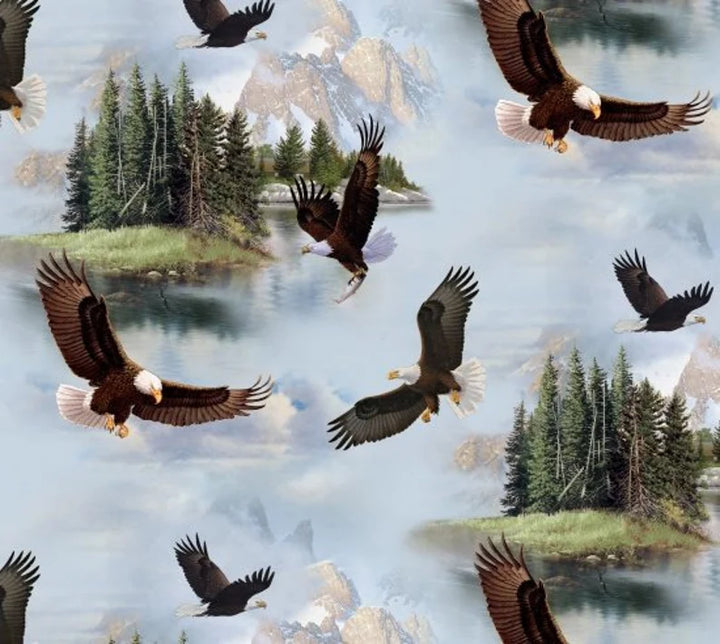 Bald Eagle Fabric Sold by the Half Yard, 7901-Blue Elizabeth's Studio, Eagle Water Ocean Trees Mountains Forest Quilt Gift Blanket Runner