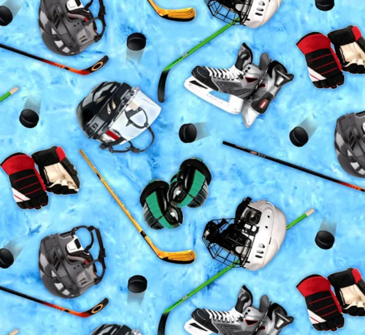 Hockey Fabric 1/2 Yard, 137-Blue Elizabeths Studio, Hockey Sticks Helmet Pads Game Sports Skates Puck Hockey Quilt Bed Blanket Gift