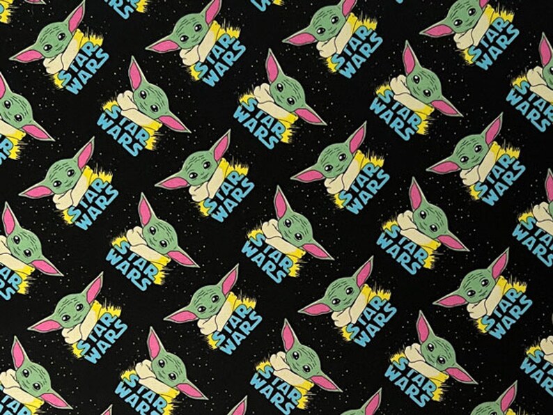 Baby Yoda Fabric 1/2 Yard, Star Wars fabric Quilt Gift, The Mandalorian fabric, Baby Yoda and Star Wars logo on black fabric 100% cotton