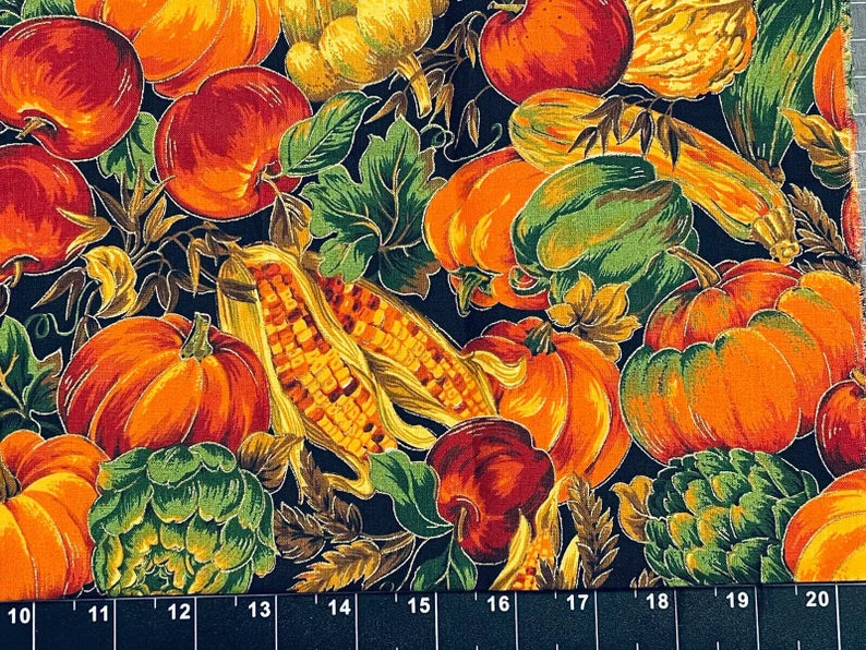 Fall Metallic Fabric 1/2 Yard, Harvest Pumpkins Corn Artichoke Apples Leaves edged with Gold Metallic, Fall Table Runner Placemat