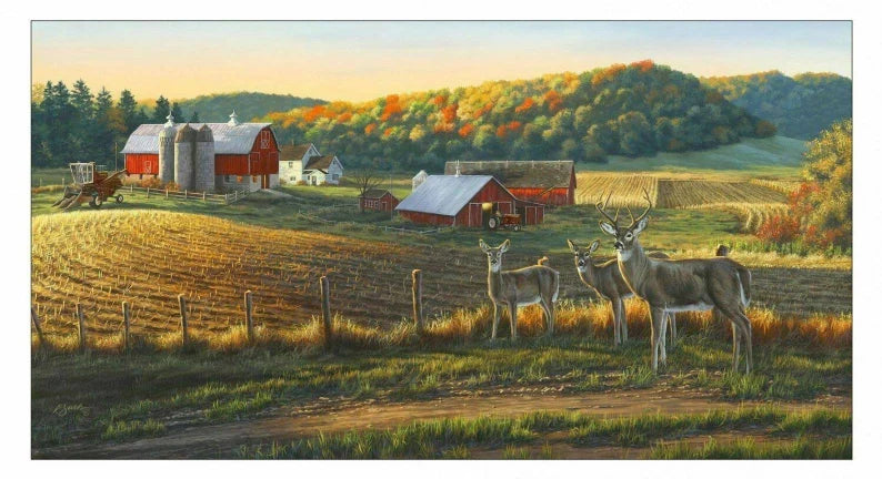 Whitetails Fabric Panel 22"x43", 8900 by Elizabeth's Studio, Farm Yard Deer Quilt Wall Hanging Silo Fence