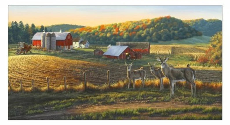 Whitetails Fabric Panel 22"x43", 8900 by Elizabeth's Studio, Farm Yard Deer Quilt Wall Hanging Silo Fence