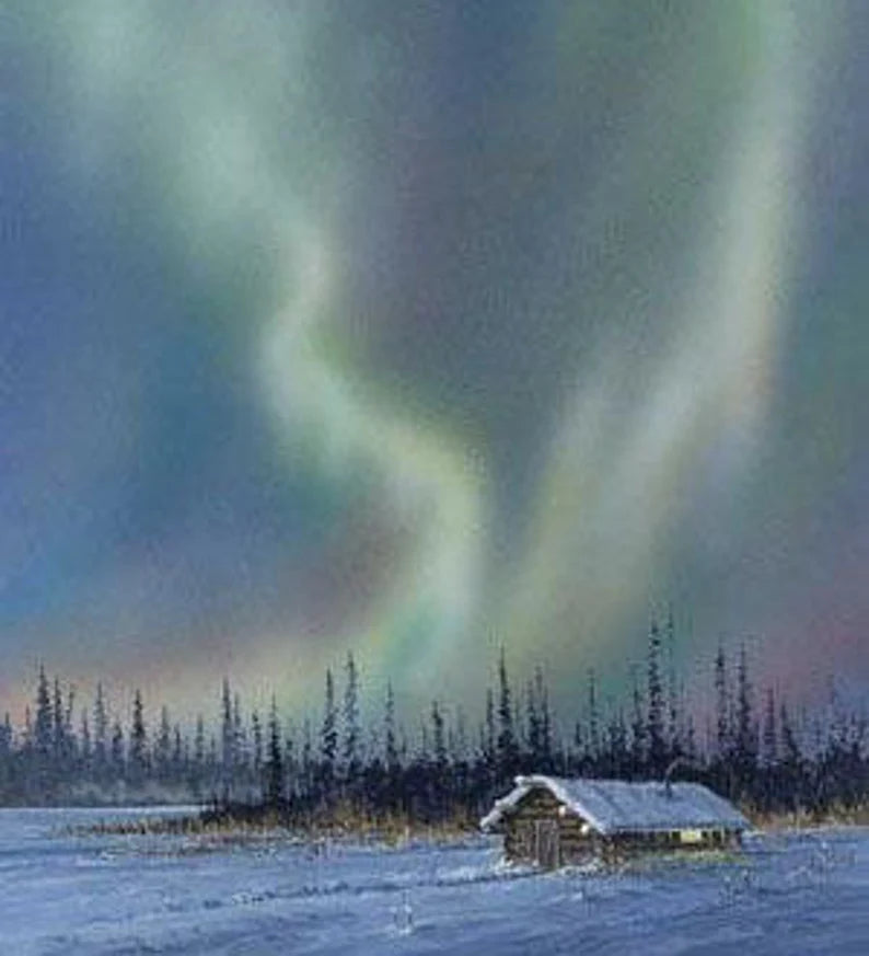 Cabin Northern Lights Fabric Panel 36"x44", Alaska's Artist Joh Van Zyle fabric by P&B Textiles, Log Cabin Alaska Quilt Wall Hanging Winter