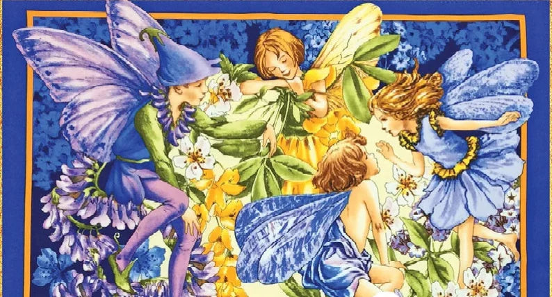 Dawn Till Dusk Flower Fairies Fabric Panel 23" x 43", Michael Miller, Fairy Quilt Wall Hanging Girl Gift
