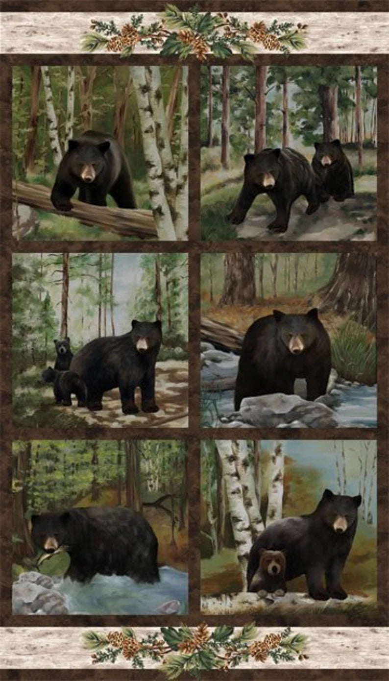 Quilt Kit Woodland Bears Flannel 73"x87", Black Bear Lodge Flannel by Northcott, Bear Bed Quilt Blanket Fabric Kit Gift